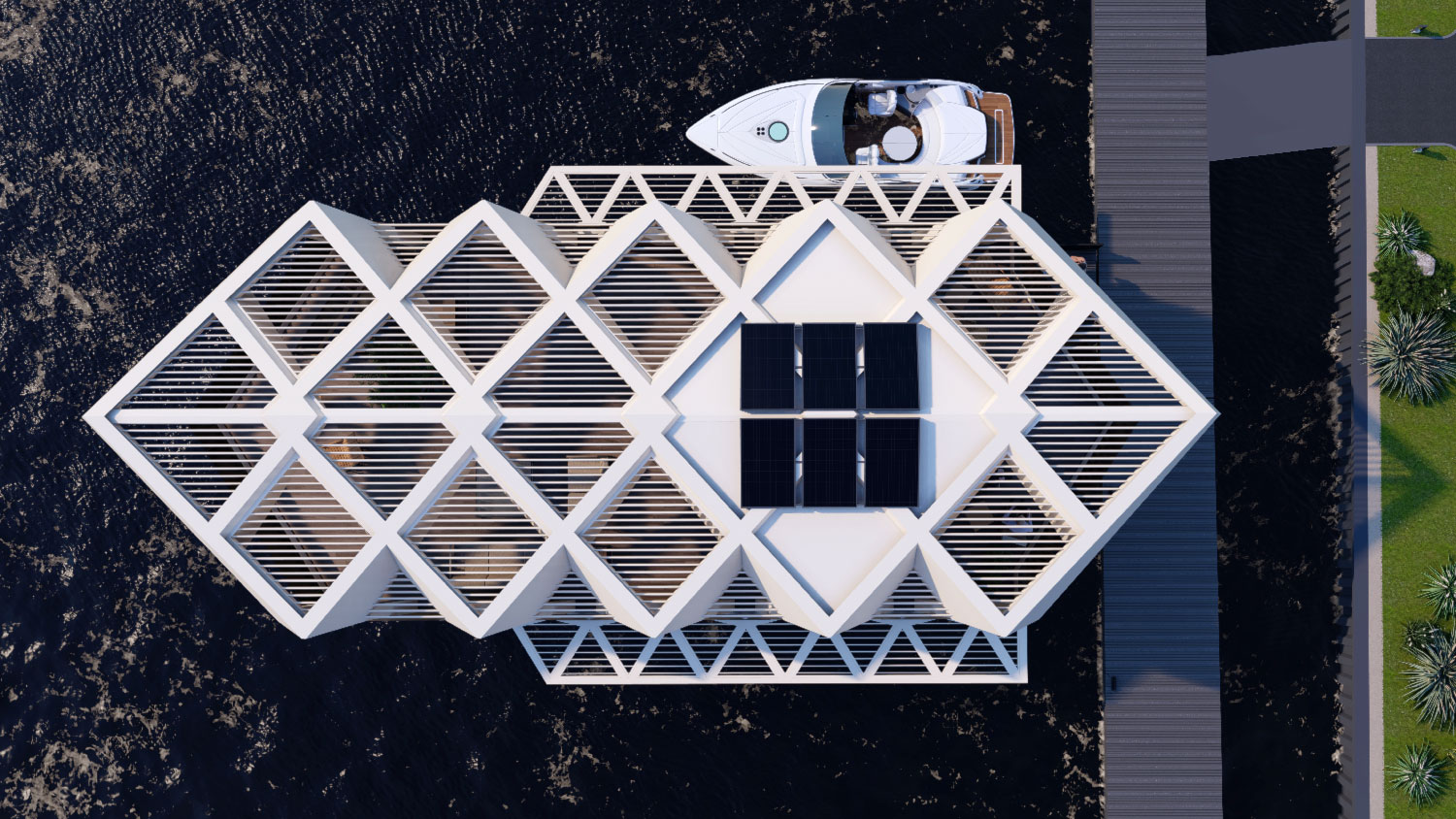 Плавучий будинок HOUSEBOAT ORIGAMI з терасою та складною геометричною оболонкою