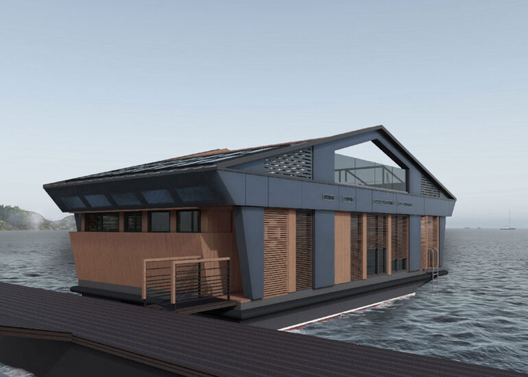 Сучасний будинок на воді Houseboat 2025 з терасою та панорамним склінням від YUGMA