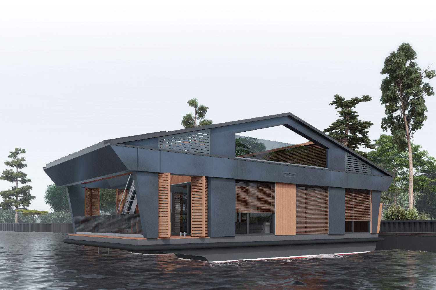 Сучасний будинок на воді Houseboat 2025 з терасою та панорамним склінням від YUGMA