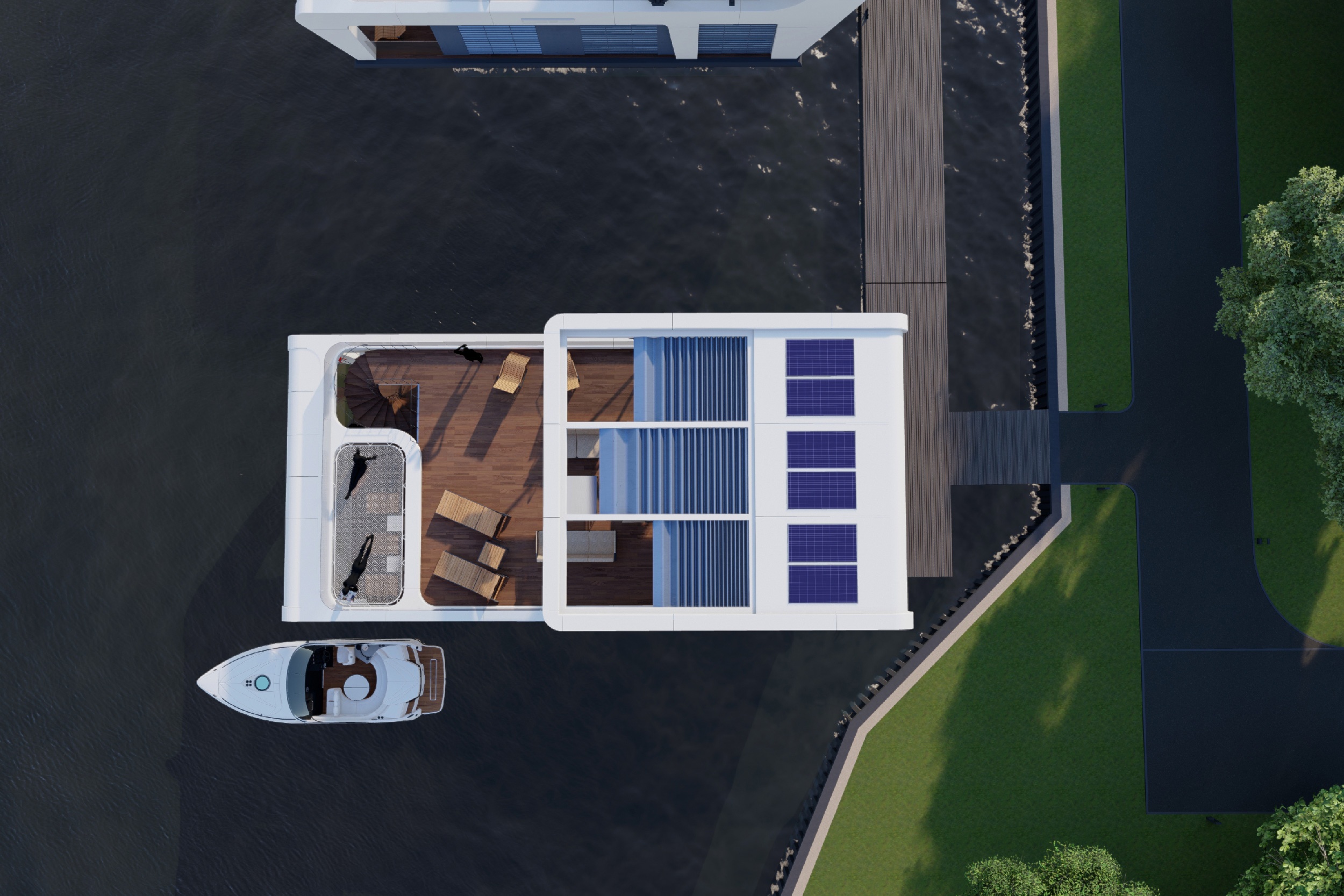 Нічний вигляд HOUSEBOAT ORIGAMI — концепція сучасного будинку на воді