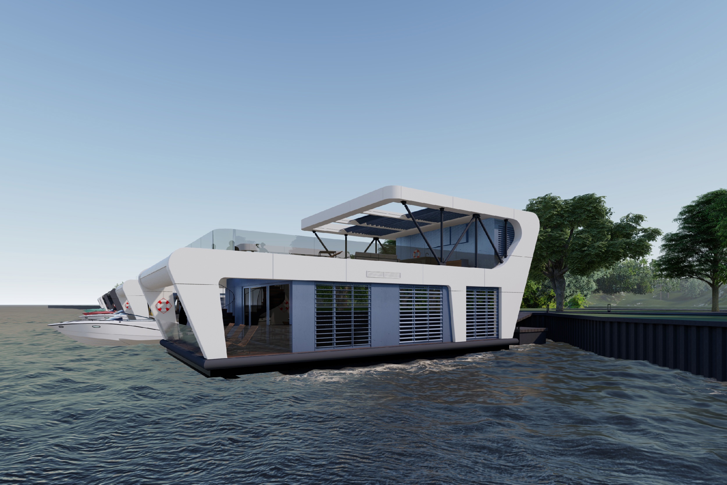 Плавучий будинок HOUSEBOAT ORIGAMI з терасою та складною геометричною оболонкою