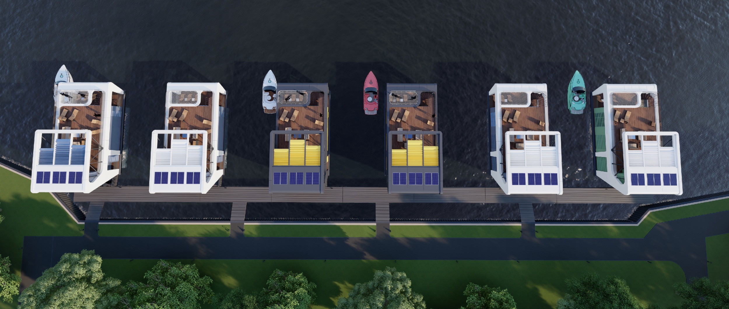 Нічний вигляд HOUSEBOAT ORIGAMI — концепція сучасного будинку на воді